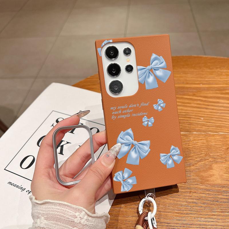 Bowknot Print Leather Texture Slim Matte Case For Samsung S25 Ultra S24 FE S23 A16 A56 A55 A36 A15 A35 Lanyard Rope Shockproof TPU Soft Phone Cover