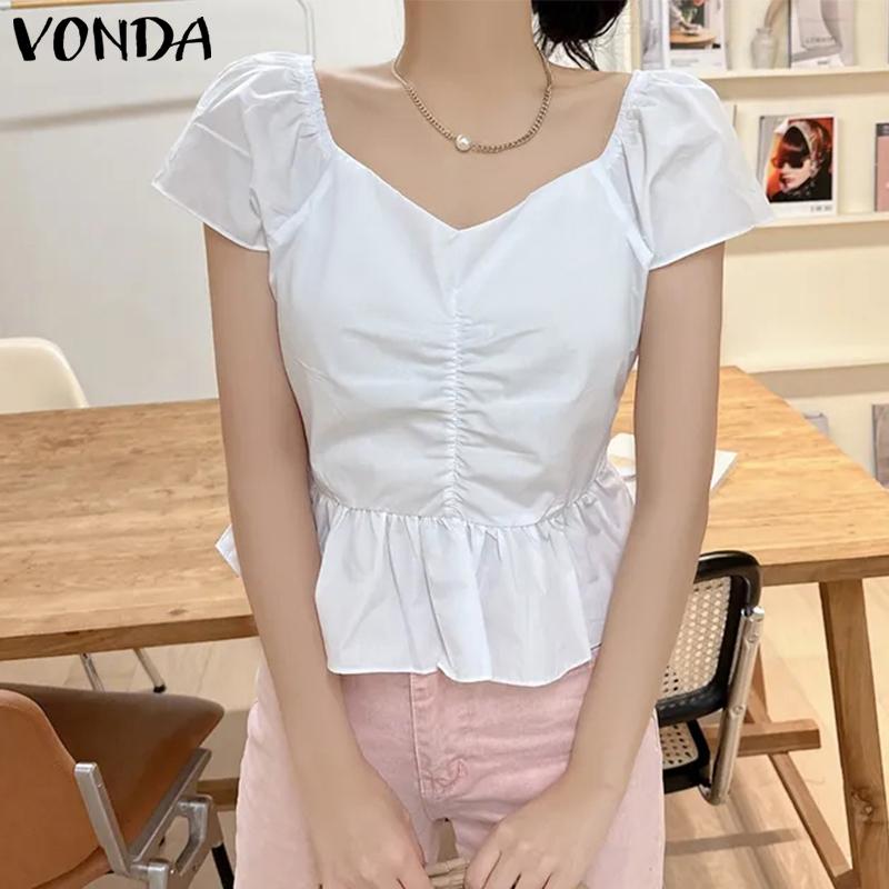 

VONDA женская летняя плиссированная однотонная свободная блузка с v-образным вырезом и короткими рукавами на шнурке