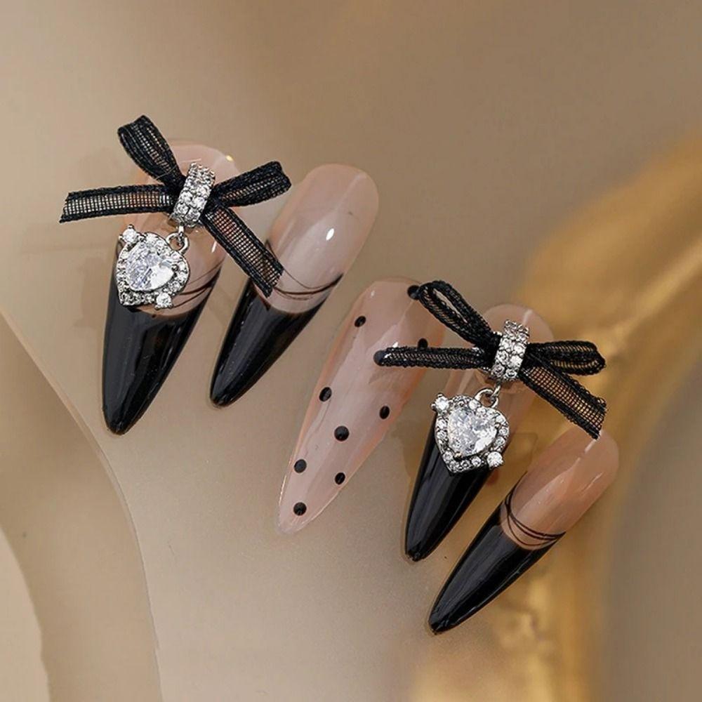 1 PCS Organza Bow Heart Zircon Pendant Nail Charms Lace Bow Love Nail Decorations  Nail Salon