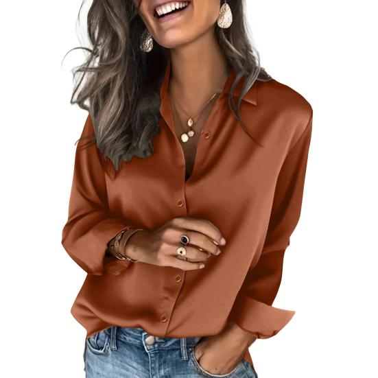 Women Satin Shirt Pure Color Loose Fit Imitation Silk Shirt Lapel Long Sleeve Buttons Placket Tops Business Casual Daily Wear