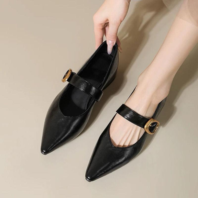 

French versatile single shoes new retro 2025 spring and autumn fashion temperament one-word buckle pointed Mary Jane single shoes women 35 чёрный