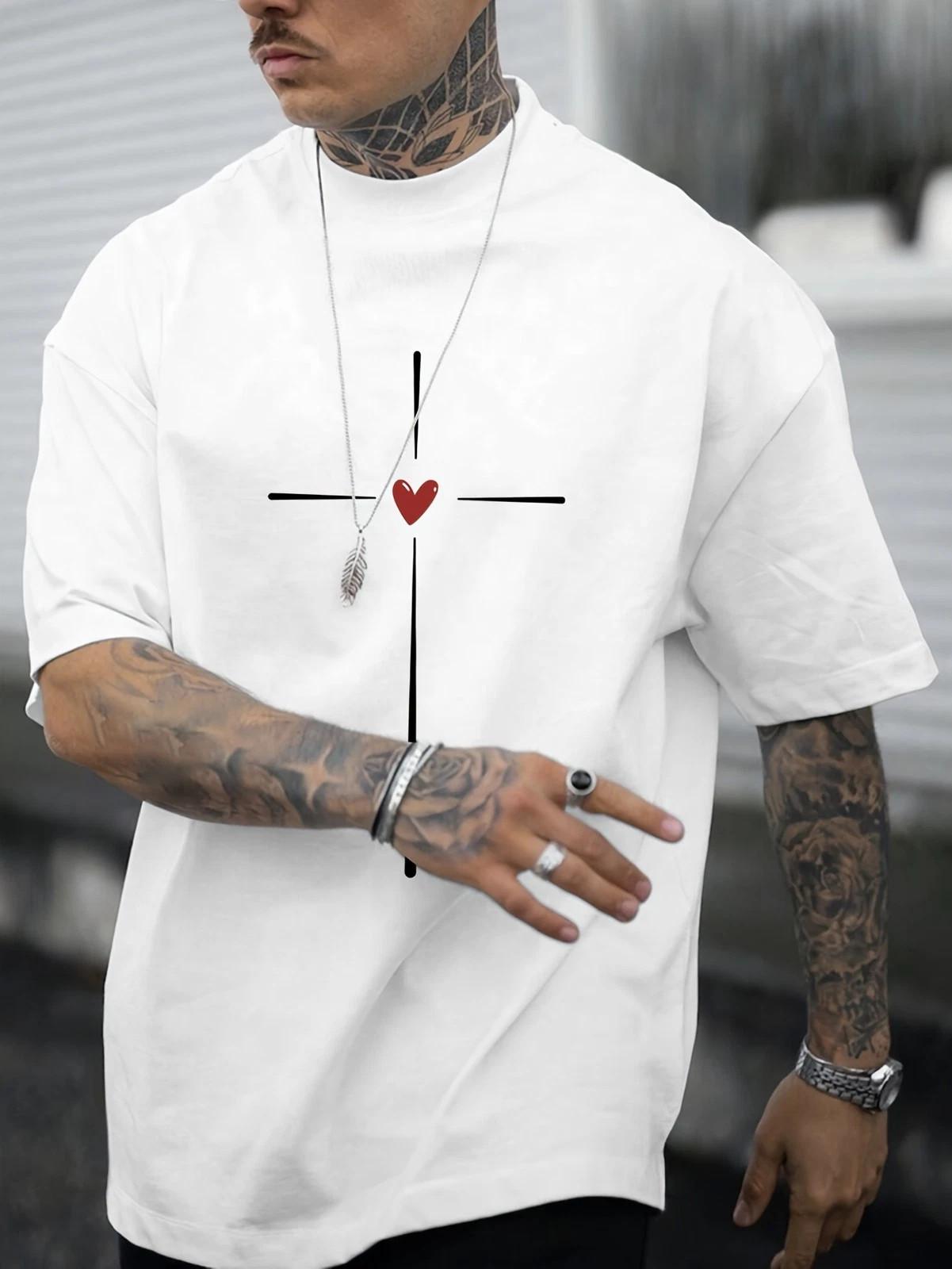 Men s Cross Heart Graphic T-Shirt Christian Faith Casual Short Sleeve Tee Unisex T-Shirt XXXL