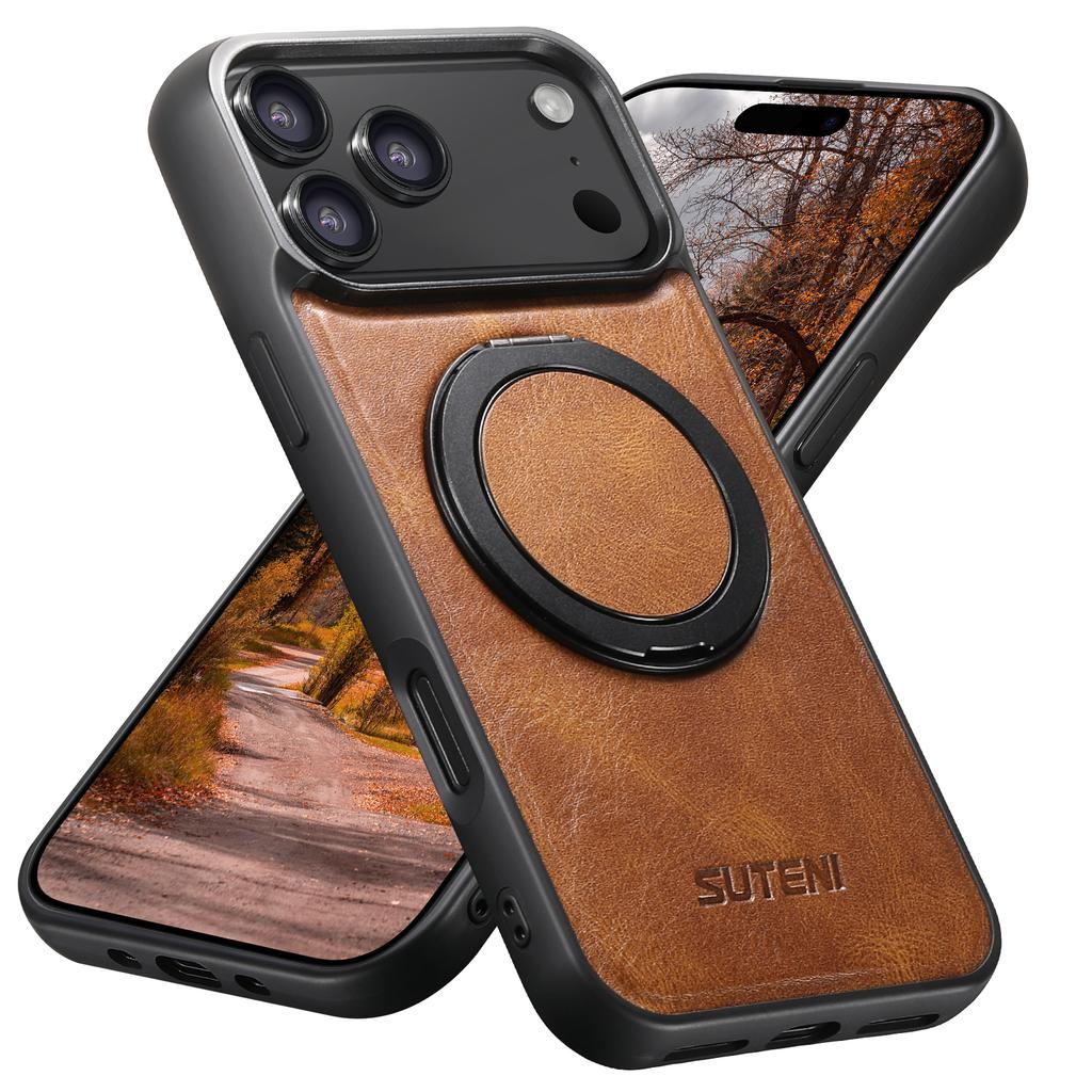 360 Rotating Magnetic Kickstand Waxed Grain Leather Phone Case for iPhone 17 Pro Max 16 15 14 13 12 Shockproof For Magsafe Cover