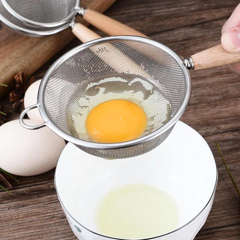 304 Stainless Steel Mesh Filter Spoon with Wooden Handle Flour Filter Spoon Household Kitchen Fried Food Filter Oil Skims