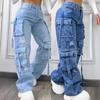 Arbeits-Denim-Hose mit hohem Bund und vielen Taschen