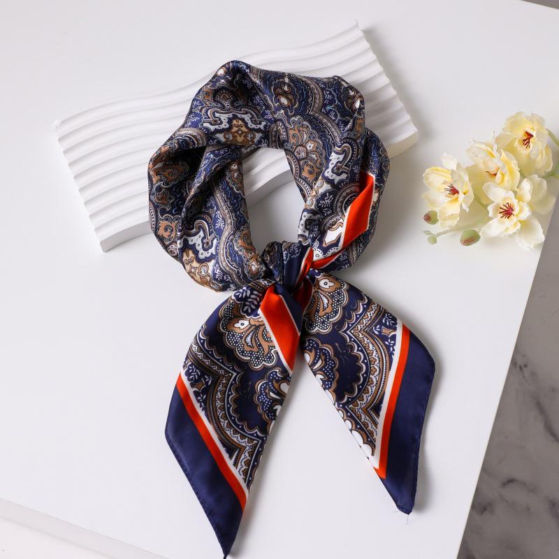 70cm Vintage Korean Style Silk Scarf: Versatile Faux Silk Neckerchief with Vintage Print for Women