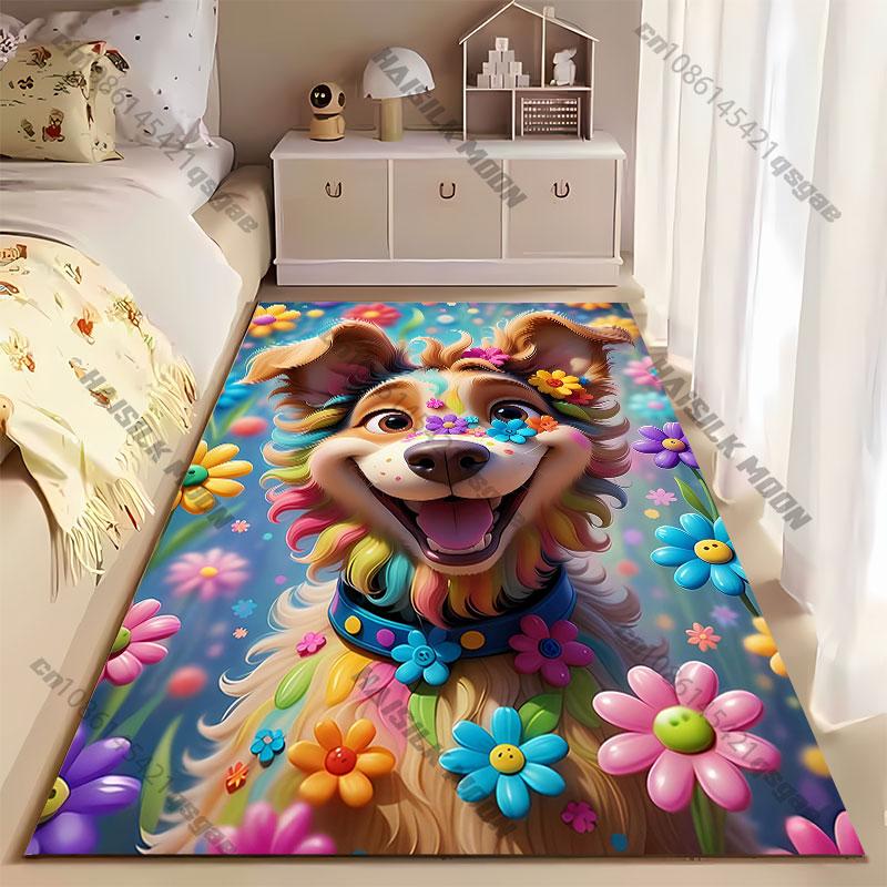 Joyful Colorful Dog with Flowers Carpet Yoga Living Room Room Decor Children's Crawling Mat Doormat Area Rug Games Mat