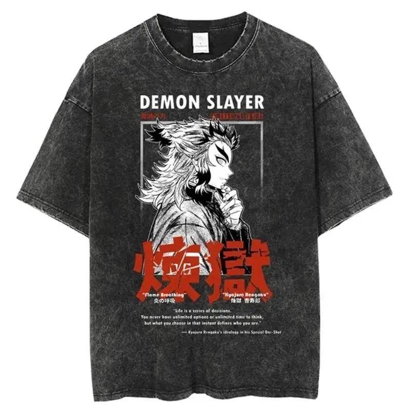 Demon Slayer Rengoku TShirt Vintage Washed Anime Graphic Tee Cotton Top L