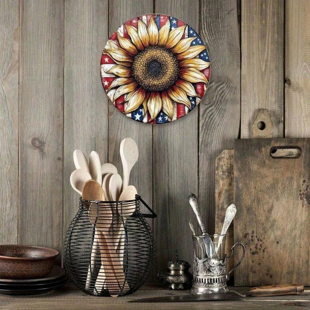 American Flag Sunflower Metal Wall Art, Rustic Round Aluminum Sign for Home Decor