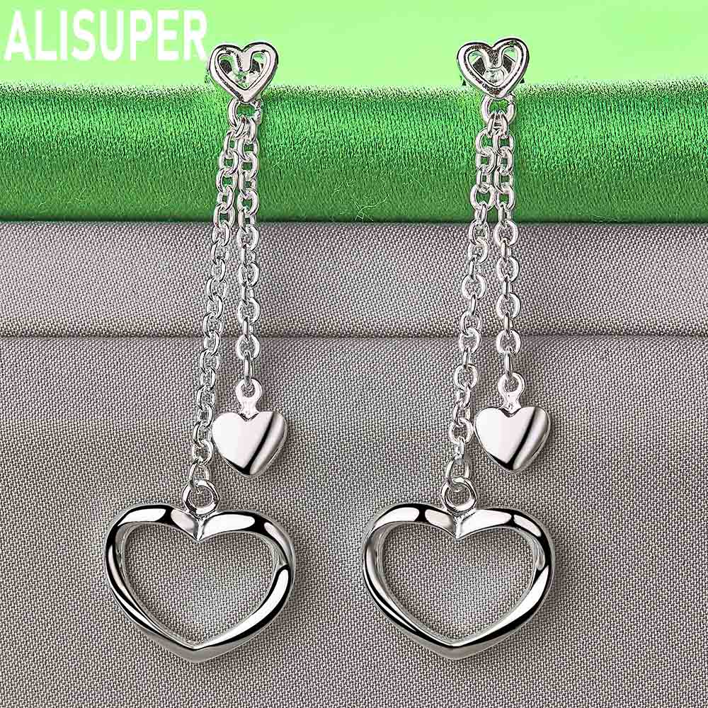 925 Sterling Silver Sweet And Cool Double Heart Tassel Earrings - Stylish Evening Jewelry