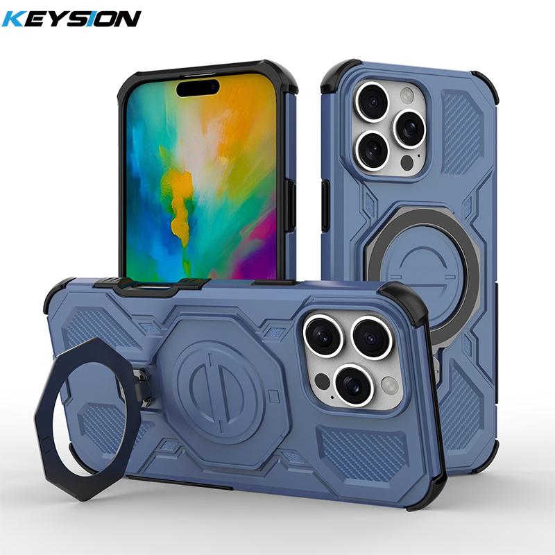 KEYSION Shockproof Magnetic Case for iPhone 16 Pro Max Upright Live Metal Ring Stand Phone Cover for iPhone 15 Pro Max