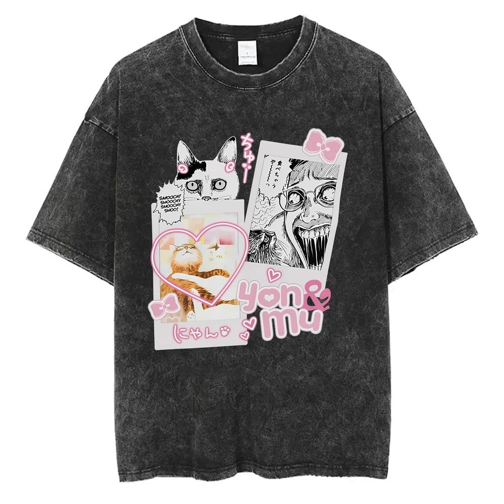 Anime Tomie Junji Ito Vintage Washed T-shirt Men Women Manga Horror Gothic Rock T Shirts Male Retro High Quality Cotton T-shirts