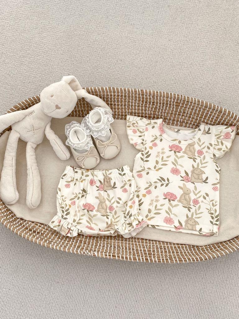 Girls Summer Cute Bunny Print Cap Sleeve Top with Lace Trim Shorts Set