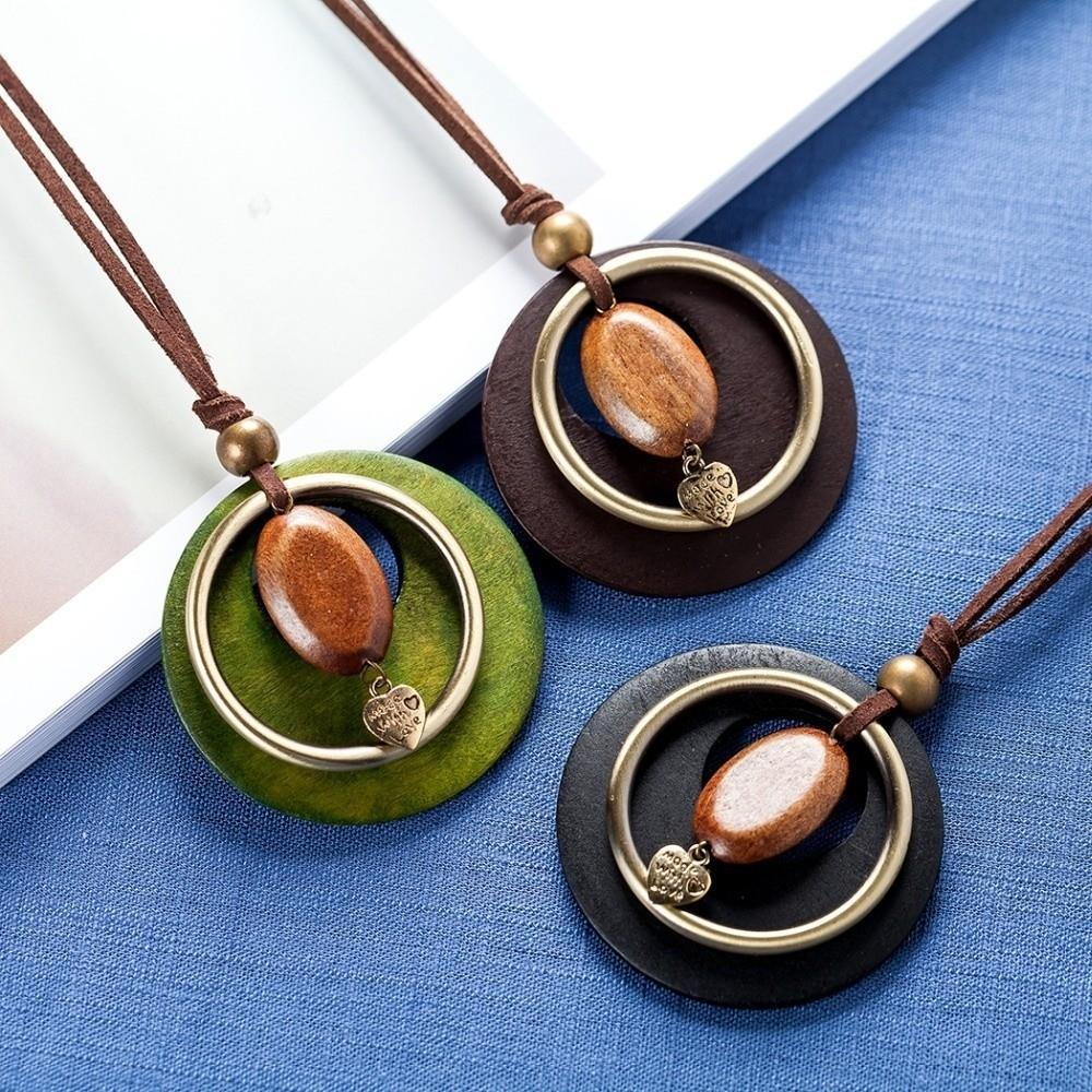 Boho Wooden Pendant Necklace Leather Chain Sweater Necklace Vintage Sweater Chain  for Women Men