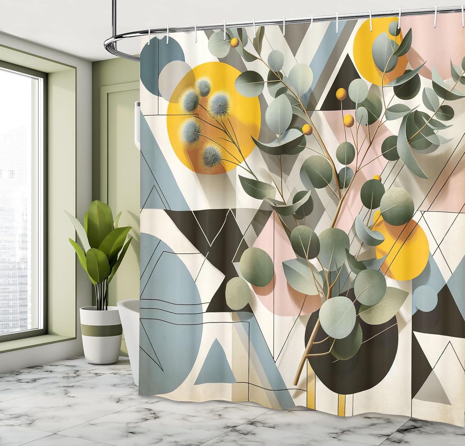 

Eucalyptus Leaves Shower Curtain, Retro Mid Century Modern Branches On Triangles And Circles, Cloth Fabric Bathroom De W60H190(CM)-1 Pcs
