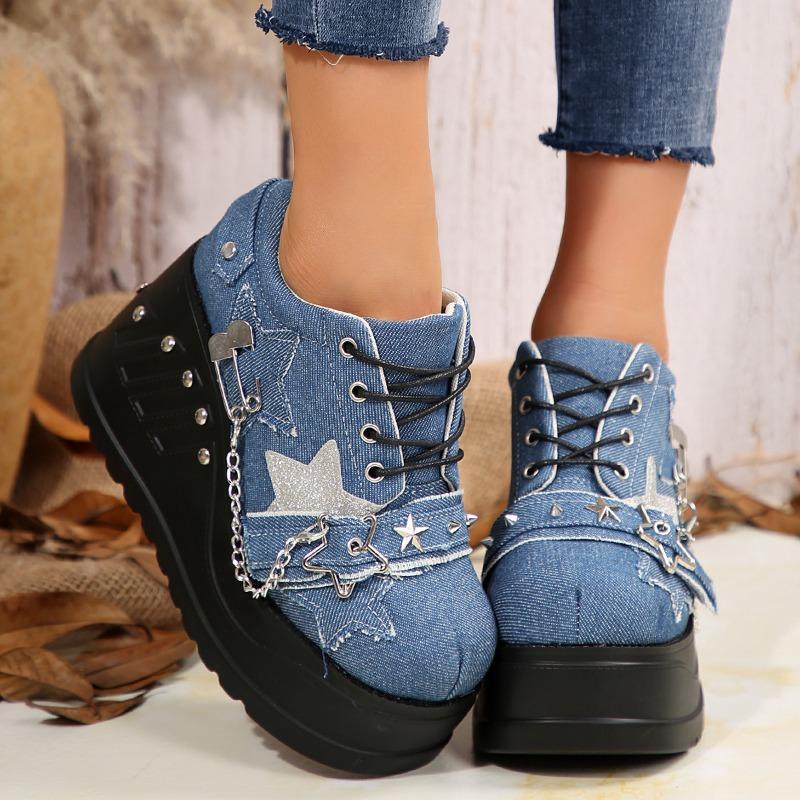 Fashion Women Sneakers Platform Rivet Chain Decoration Pumps Women Gothic Punk Wedges Shoes Mary Janes Lolita Shoes Zapatos De Mujer