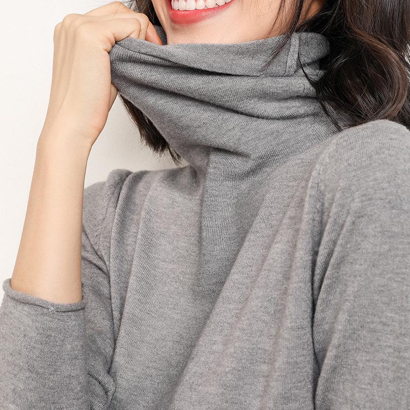 Women's High-Neck Solid Color Woolen Sweater - Slim Fit Knit Pullover for Autumn/Winter