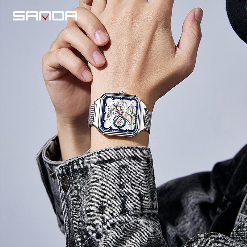 Luxury Men's Quartz Watch Fashion Square Case Week Date Display Waterproof with Silicone/Mesh Band Casual Wristwatch for Men