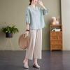 Chic Embroidered Cotton Linen Plus Size Summer Suit for Women - Short Sleeve Two-Piece Set