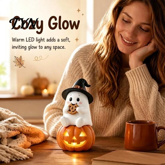 Halloween Party Decoration Lighted Ghost Figurine, Spooky Resin Witch on Pumpkin/Holding Lantern Handcrafted Statue with LED Light for Desktop
