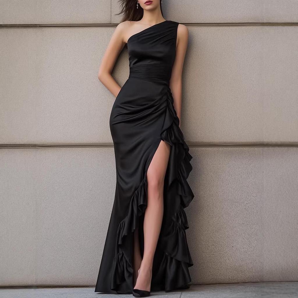 European & American One-shoulder Satin Evening Gown with Ruffled Layers