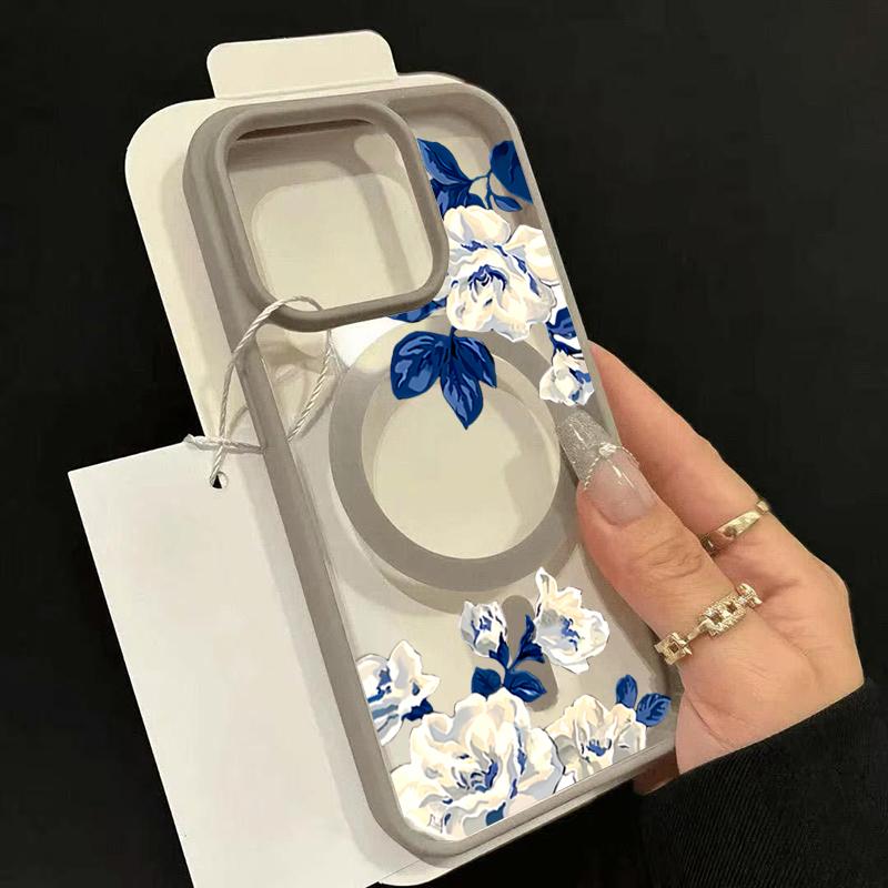 For iPhone 17 16 15 14 13 12 Pro Max 15 16 Plus 17 Air 11 Night White Rose Pattern Macaron Magnetic Tramsparent Phone Case Cover