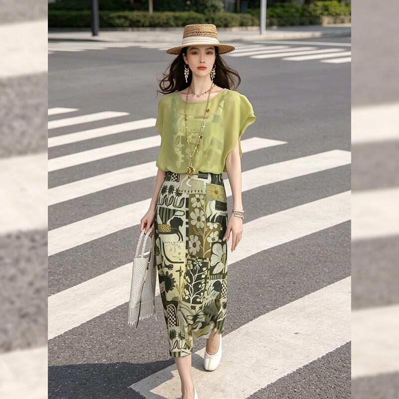 French Floral Print Faux Two-Piece Tie-Waist Dress