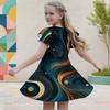 Girls Galaxy Printed Round Neck Flutter Sleeve A Line Flared Dress