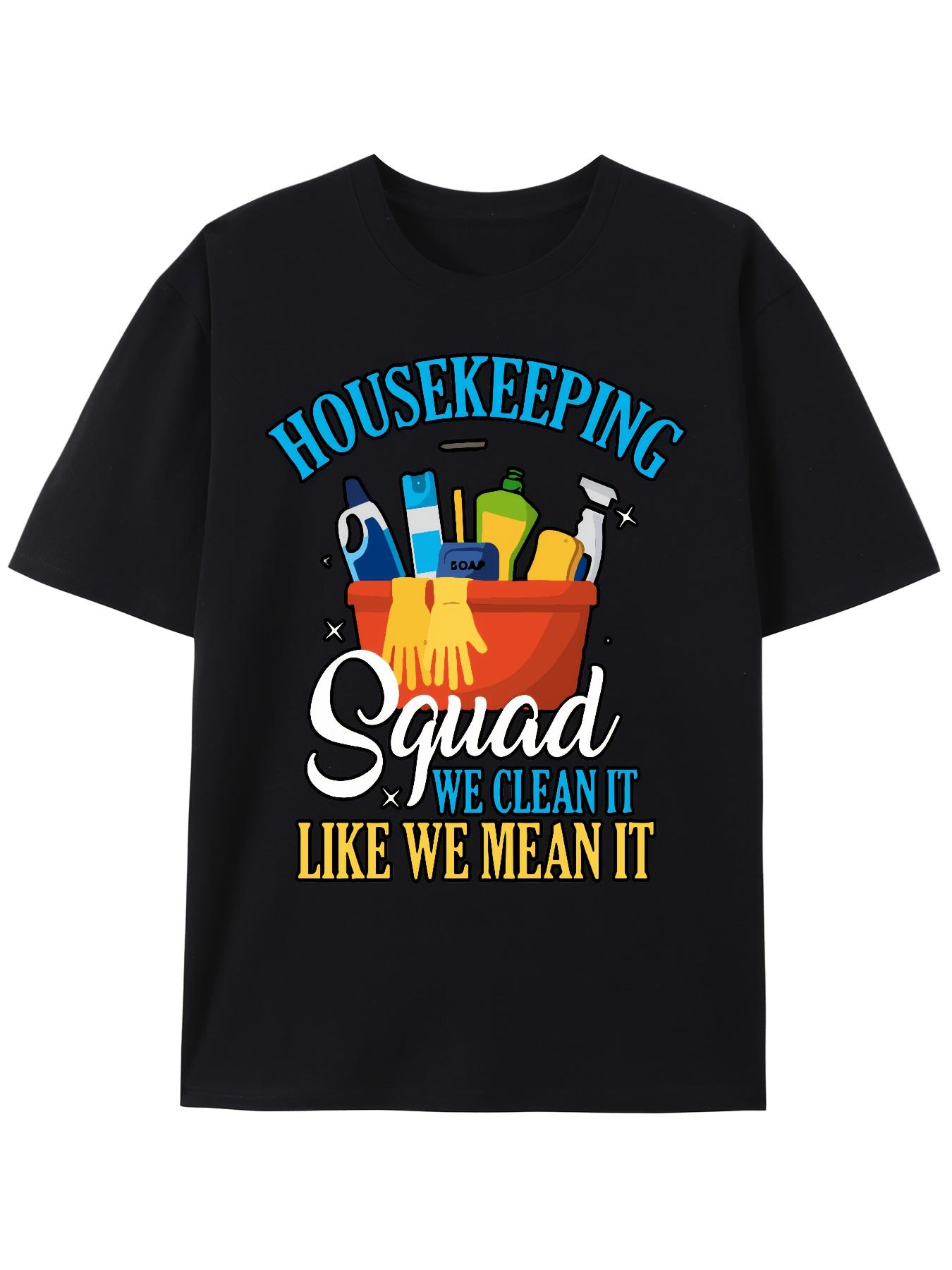 

Cotton T-shirt with Housekeeping & Sweeping Design - Black Crew Neck XXXL