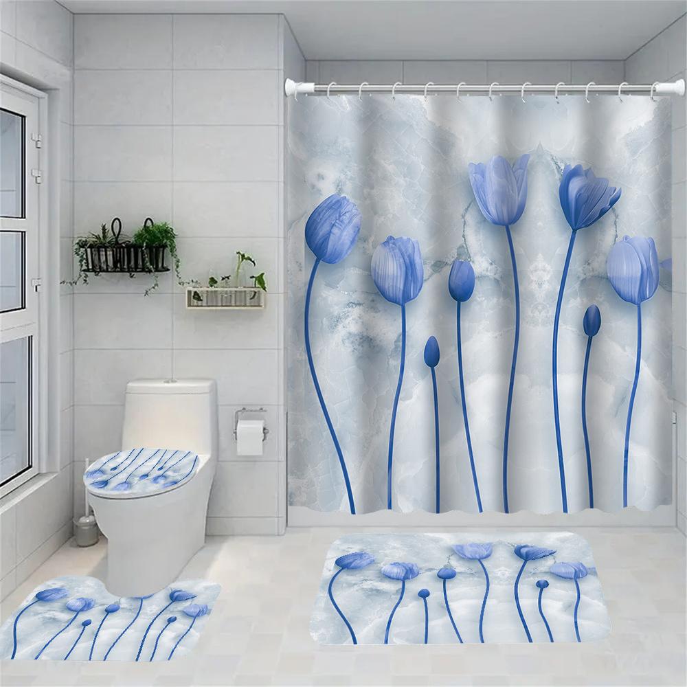 

1/4 Marble Flowers Shower Curtains, Toilet Seat Decoration, Shower Curtain With Carpet And Toilet Lid, 12 70.8X70.8 Inch Hooks W60H190(CM)-1 Pcs