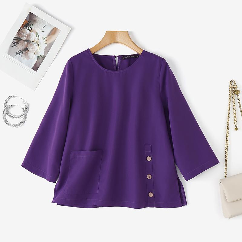 

ZANZEA Женская повседневная однотонная блузка с круглым вырезом и рукавом 3/4 фиолетовый