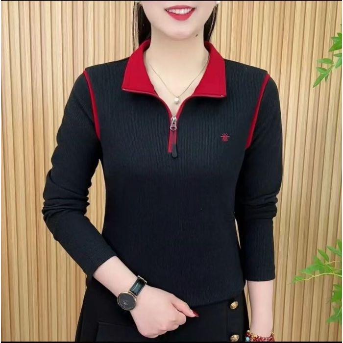 Spring & Autumn Half-Zip Color Block Embroidered Slimming Women's T-shirt