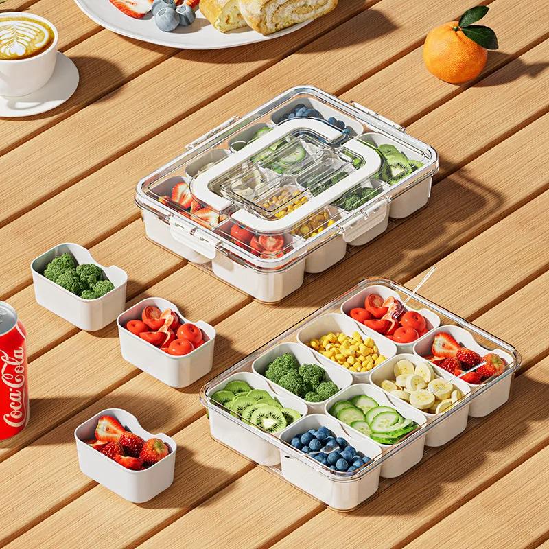 Přenosný plastový zásobník na salát, kuchyňský uzavřený box na oběd, průhledný úložný box s osmi mřížkami, kuchyňský organizér