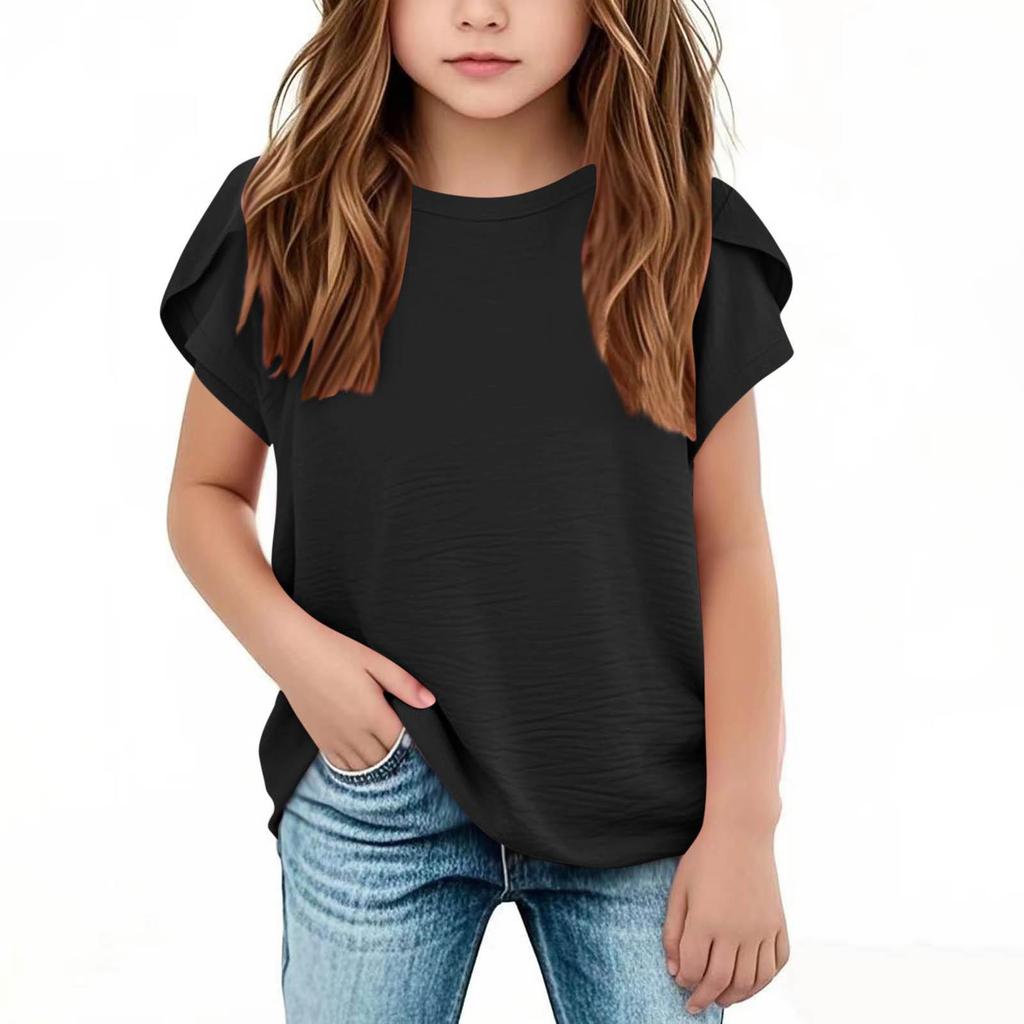 Girls' Cotton Linen Casual Short-Sleeve Top, Solid Color, Round Neck - 2025 Summer Collection