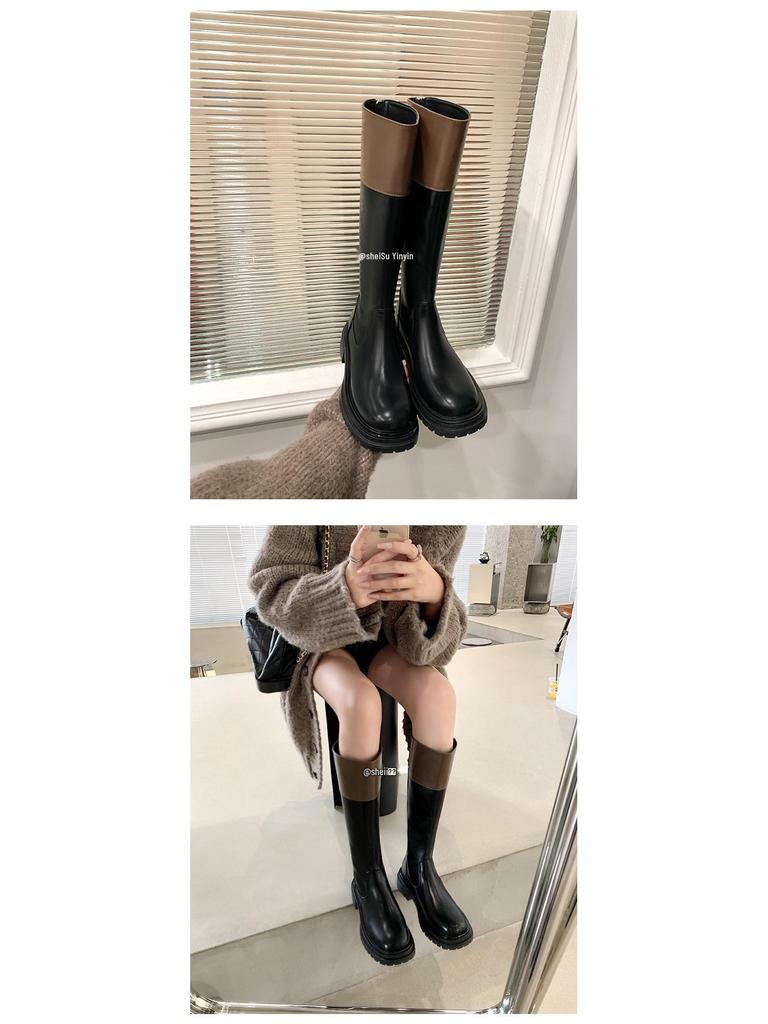 Su Yinyin Style Colorblock Round Toe Thick Sole Back Zipper Women's Riding Boots