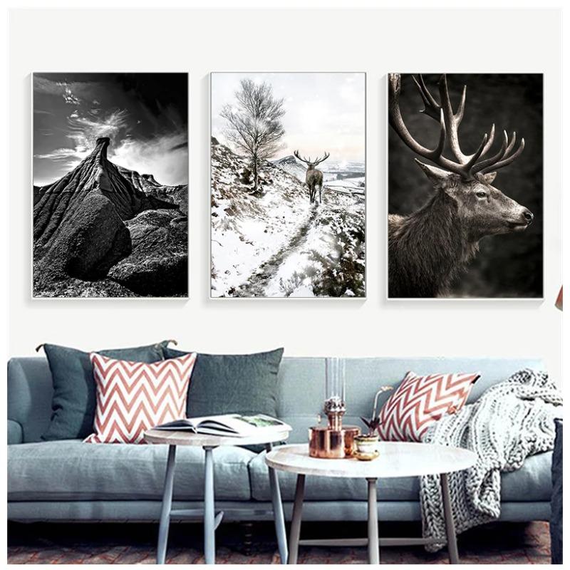 Scandinavian Nature Winter Landscape Poster Print Mountain Forest Canvas Painting Deer Wall Art Picture Nordic Style Home Decor