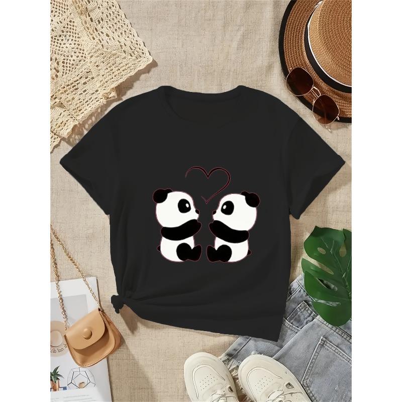 European Sizes Girls' Daily Comfort Short Sleeve T-Shirt with Panda & Heart Print, Trendy Casual Round Neck Tee for Spring and Summer
