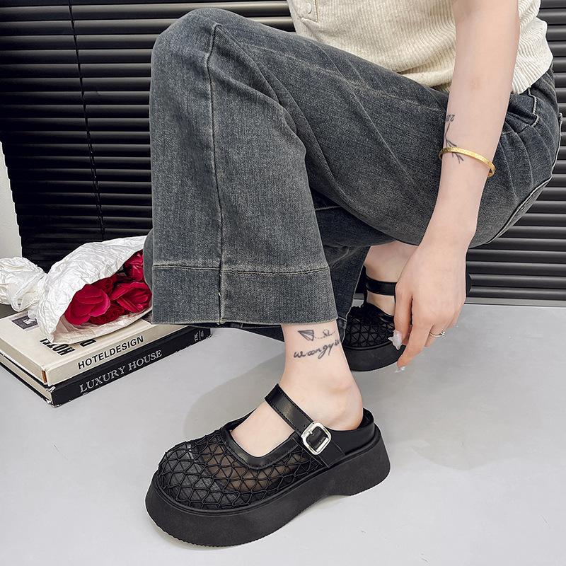 2025 New Mesh Hollow Big Head Metal Buckle Thick Bottom Muffin Heightening Small Bag Head Half Slippers Women's Shoe Holder