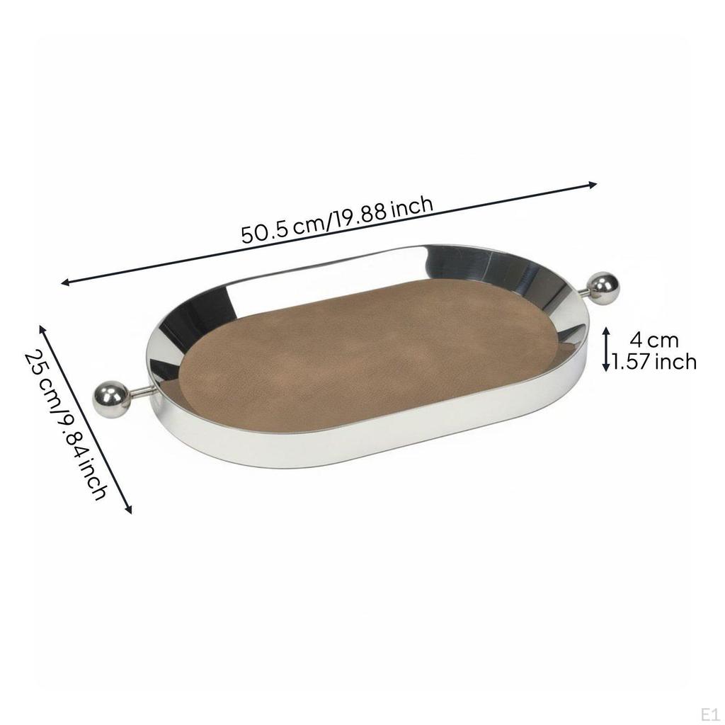 Decorative Serving Tray Stainless Steel Mirror Leather Base Household Storage for Dining Table,