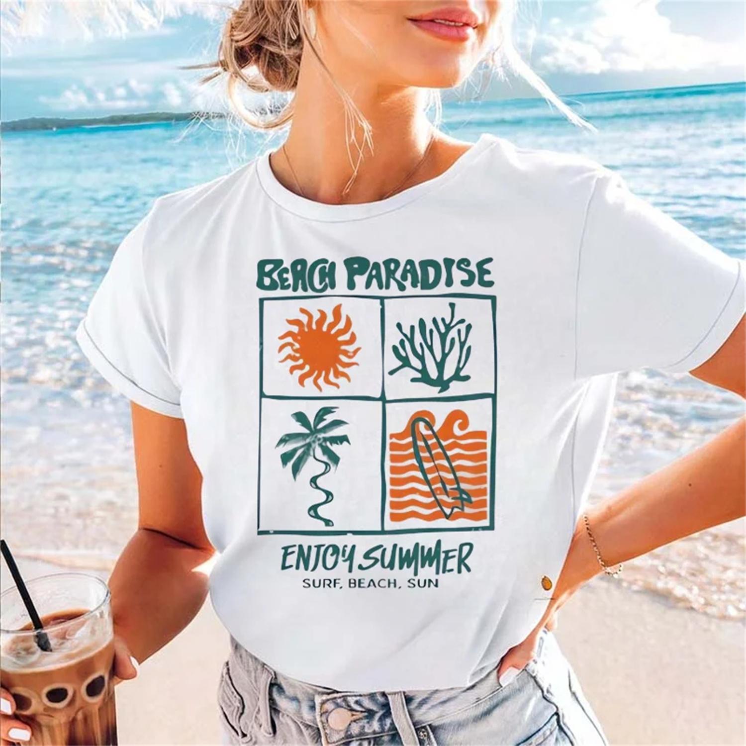 

Summer T-Shirt 90s Beach Vacation Pattern Cartoon Print Women s Street O-Neck Versatile Casual Harajuku Style Popular New Top XXXXXL білий