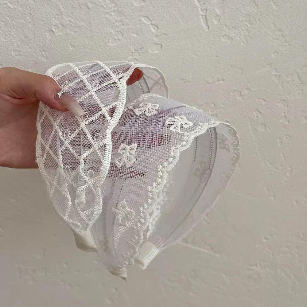 Wide Edges Bow Hair Band Korean Style Mesh Hair Hoop Cute Embroidery Lace Headband  Party