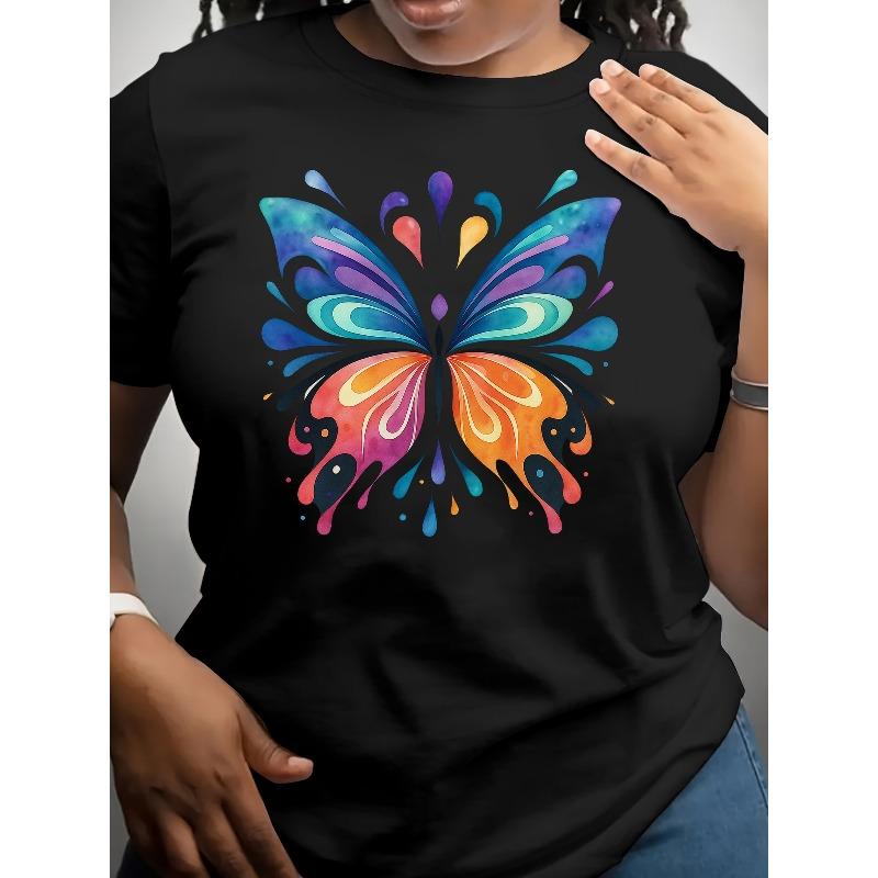 

European size Colorful Butterfly Pattern Women s Short-sleeved, Casual Short-sleeved Round-neck Top for Spring and Summer 4XL чорний