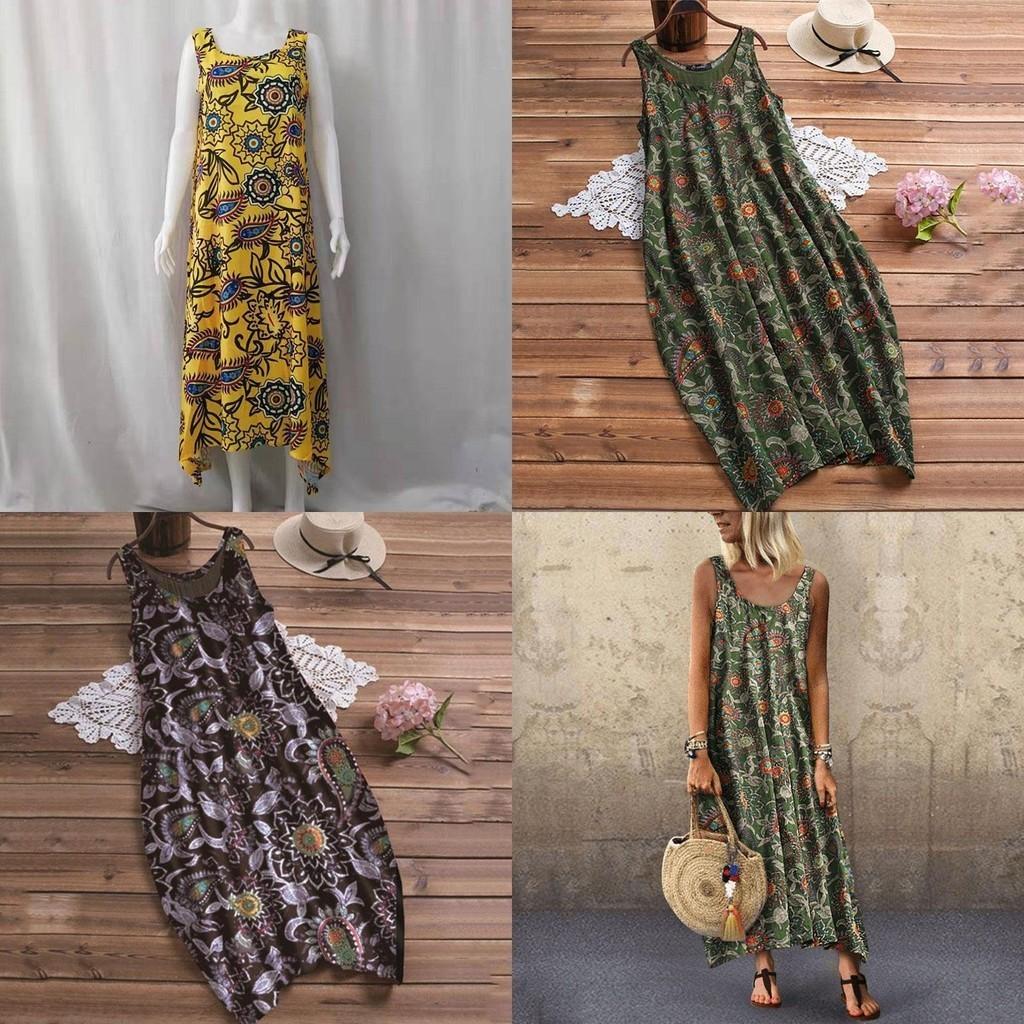 Plaj İçin Zarif Kadın Yazlık Kolsuz Tatil Uzun Boho Kaftan Tank Elbise