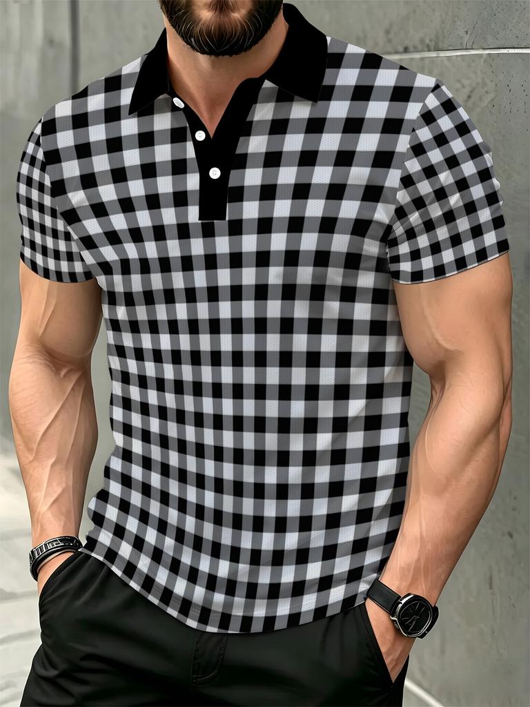 Men'S Outdoor Polo Shirt, Multi-Sizes Available, Black And White Checkered Print, Fashionable Casual Comfortable, Men'S Top Suitable for Hiking And