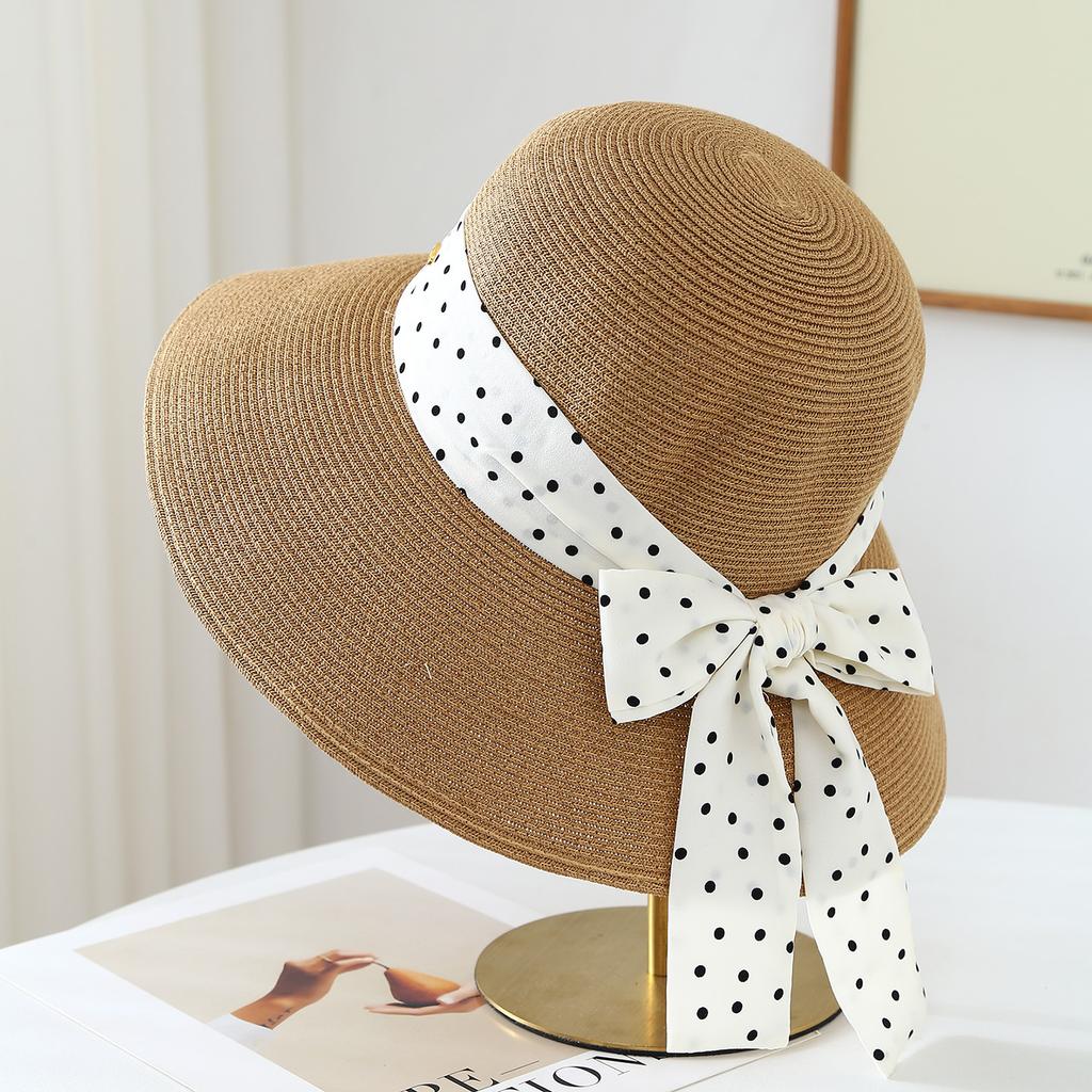 Polka dot streamer bow fashion bucket hat women's summer casual versatile sunshade straw hat breathable sunscreen bucket hat
