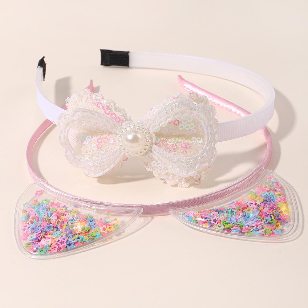 

2 шт./лот Повязка на голову для девочек, обруч для волос, милый, для вечеринки, с пайетками и бантом, прозрачная корона с ушками, повязка на голову с пересыпающимся песком для детей