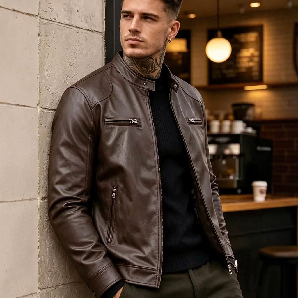 New men's stand-up collar PU leather jacket slim locomotive jacket spring and autumn business casual ruffian handsome jacket