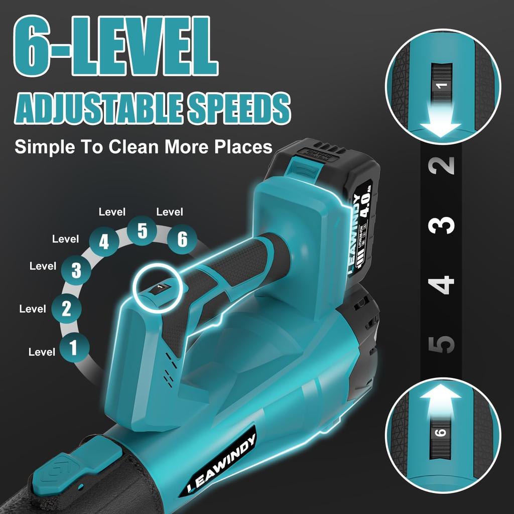 Leaf Blower Cordless, Electric Leaf Blower with 2 * 4.0Ah Batteries and Charger, 450 CFM/160 MPH Leaf Blowers & 6 Speed Levels