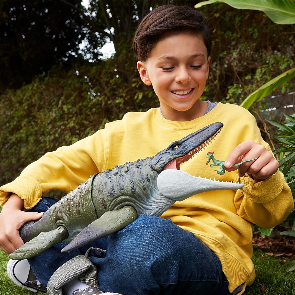 Mattel Jurassic World (JURASSIC WORLD) Battle Action Mosasaurus Figure Dinosaur Toy for Kids, Mov...