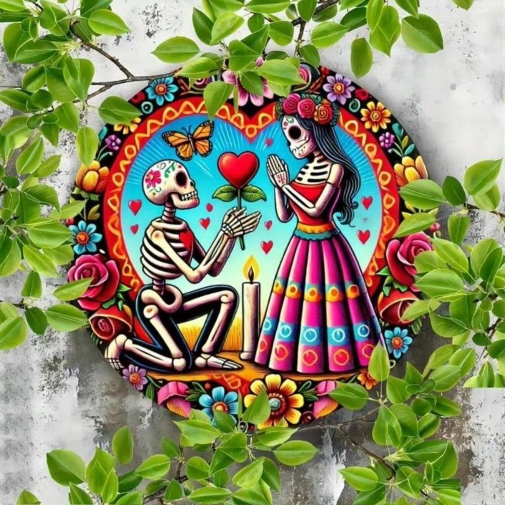 Metal Gothic Skull Couple Wall Art 8x8 Inch Aluminum Ivory Frame Halloween Decor